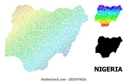 Pixelated spectrum, and solid map of Nigeria, and black title. Vector model is created from map of Nigeria with round dots. Template is useful for political aims. Spectrum gradient map of Nigeria,