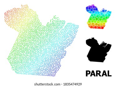 Pixelated spectrum, and solid map of Paral State, and black text. Vector model is created from map of Paral State with circles. Illustration is useful for geographic aims.