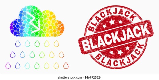 Pixelated spectrum storm cloud mosaic icon and Blackjack seal. Red vector rounded scratched seal stamp with Blackjack caption. Vector combination in flat style.