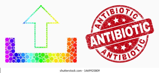 Pixelated spectrum upload mosaic icon and Antibiotic seal. Red vector round scratched stamp with Antibiotic message. Vector collage in flat style.