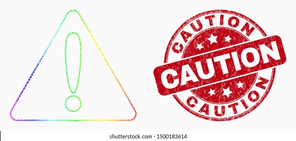 Pixelated spectrum warning mosaic icon and Caution seal stamp. Red vector round scratched seal with Caution message. Vector composition in flat style.