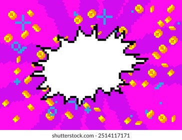 Pixelated speech bubble with geometric graphic background. Vector cartoon illustration.