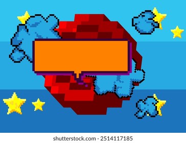Pixelated speech bubble with geometric graphic background. Vector cartoon illustration.
