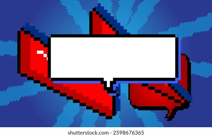 Pixelated speech bubble with geometric graphic background. Retro cartoon vector.