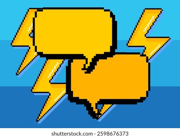 Pixelated speech bubble with geometric graphic background. Retro cartoon vector.
