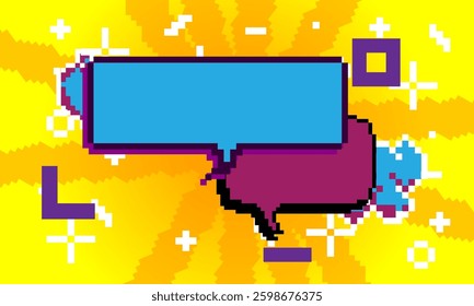 Pixelated speech bubble with geometric graphic background. Retro cartoon vector.