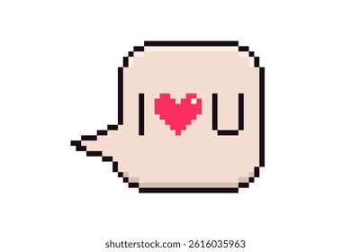 Pixelated speech bubble with I love you message in retro style. 8-bit pixel art romantic chat with heart emoji.