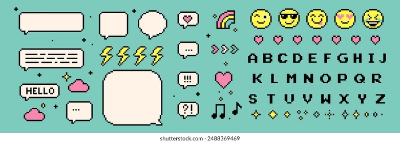 Pixelated speech bubbles. Pixel game font. Pixels elements set. Rainbow, smile, heart. Mood of 90's aesthetics. 8-bit retro style vector illustration. Funny colored. Simple geometric form. Icon pack