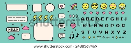 Pixelated speech bubbles. Pixel game font. Pixels elements set. Rainbow, smile, heart. Mood of 90's aesthetics. 8-bit retro style vector illustration. Funny colored. Simple geometric form. Icon pack