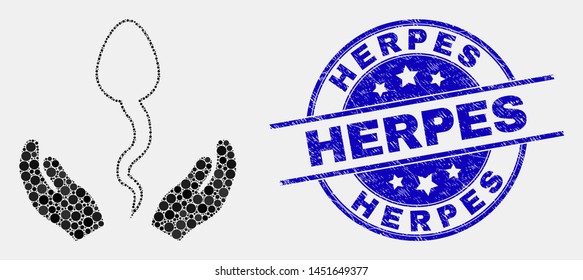 Pixelated sperm care hands mosaic icon and Herpes seal stamp. Blue vector rounded grunge seal stamp with Herpes message. Vector composition in flat style.