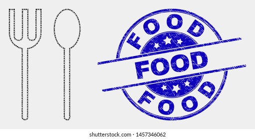 Pixelated spoon and fork mosaic pictogram and Food seal stamp. Blue vector round distress seal stamp with Food text. Vector combination in flat style.