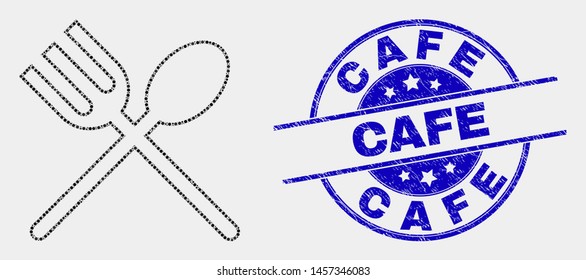 Pixelated spoon and fork mosaic pictogram and Cafe seal stamp. Blue vector round textured stamp with Cafe caption. Vector combination in flat style.