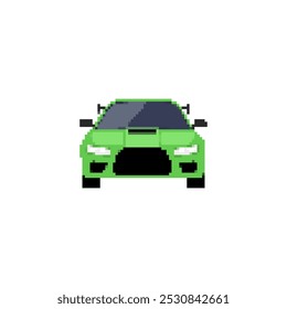 Pixelated sports car icon in front view. Retro pixel art sports car simple detailing vehicle retro design icon