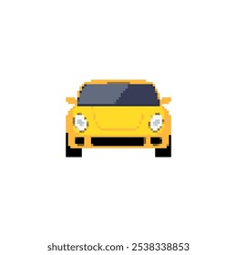 Pixelated sports car icon in front view. Retro pixel art sports car simple detailing vehicle retro design icon