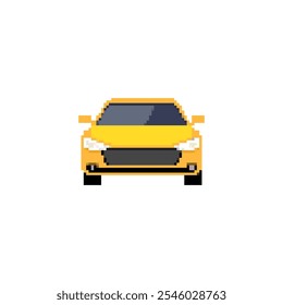 Pixelated sports car icon in front view. Retro pixel art sports car simple detailing vehicle retro design icon