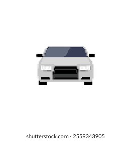 Pixelated sports car icon in front view. Retro pixel art sports car simple detailing vehicle retro design icon