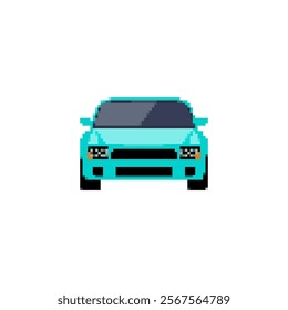 Pixelated sports car icon in front view. Retro pixel art sports car simple detailing vehicle retro design icon