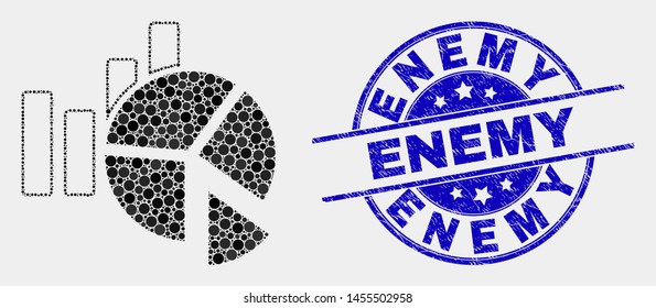 Pixelated statistics charts mosaic pictogram and Enemy seal stamp. Blue vector round grunge seal with Enemy caption. Vector composition in flat style.