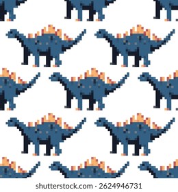 Pixelated stegosaurus dinosaur vector cartoon seamless pattern on a white background.