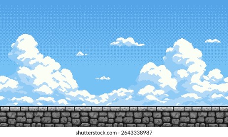 Pixelated stone wall and blue sky with white clouds. Retro video game background concept for game design and old-school platformer.