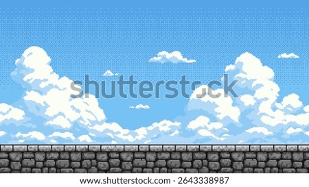 Pixelated stone wall and blue sky with white clouds. Retro video game background concept for game design and old-school platformer.