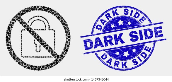 Pixelated stop lock mosaic pictogram and Dark Side seal stamp. Blue vector round grunge seal stamp with Dark Side message. Vector collage in flat style.