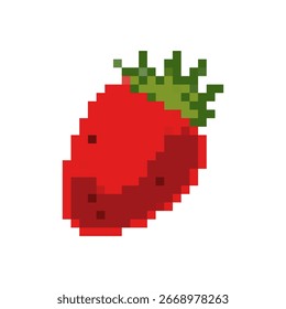 Ícone de morango pixelado com corpo vermelho e folhas verdes, capturando um design de jogo divertido e retro.