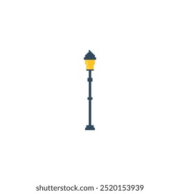 Pixelated street lamp icon. Simple pixel art tall black street lamp glowing yellow light