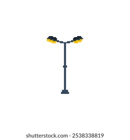 Pixelated street lamp icon. Simple pixel art tall black street lamp glowing yellow light