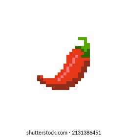 Pixelated style illustration of a chilli red pepper. Pixel art of a chili pepper in 8 bit. 8-bit sprite. Design stickers, logo, mobile app. Paprika. Jalapeno. Spicy. Cayenne. 