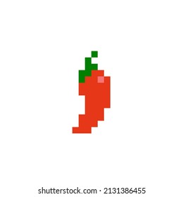 Pixelated style illustration of a chilli red pepper. Pixel art of a chili pepper in 8 bit. 8-bit sprite. Design stickers, logo, mobile app. Paprika. Jalapeno. Spicy. Cayenne. 