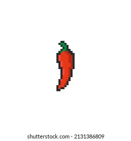 Pixelated style illustration of a chilli red pepper. Pixel art of a chili pepper in 8 bit. 8-bit sprite. Design stickers, logo, mobile app. Paprika. Jalapeno. Spicy. Cayenne. 