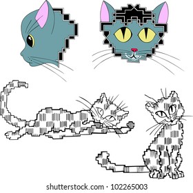 Pixelated stylized cats. Set of color and black/white vector illustrations.