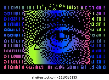 Ojo estilizado pixelado rodeado de coloridos patrones digitales en tonos de azul, verde, azul y rosa. La Imagen evoca temas de tecnología, vigilancia digital o inteligencia artificial.