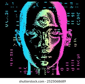 Pixelated stylized eye surrounded by colorful digital patterns in shades of blue, green, blue, purple, and pink. The image evokes themes of technology, digital surveillance, or artificial intelligence