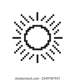 Sonnensymbol mit verpixelten Strahlen. Helles Sonnenlicht im Pixel Art Style. Sonnenenergie und Licht. Isolierte Vektorgrafik.