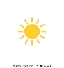 Pixelated sun illustration. Simple pixel art of a yellow sun with rays extending outward.