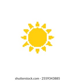 Pixelated sun illustration. Simple pixel art of a yellow sun with rays extending outward.