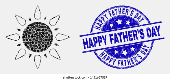 Pixelated sun mosaic icon and Happy Father'S Day stamp. Blue vector rounded distress stamp with Happy Father'S Day phrase. Vector collage in flat style. Black isolated sun mosaic of scattered dots,