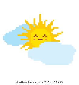 Um sol pixelizado com uma face sorridente, parcialmente obscurecida por nuvens azuis claras, irradia raios laranja brilhantes em um fundo branco isolado, evocando um dia alegre e ensolarado.