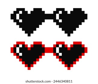 Pixelated Sunglasses Set. Heart Shaped Pixel Boss Glasses, 8 bit Style. Meme Game 8-bit Sunglasses Design Template, Isolated