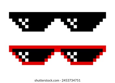 Pixelated Sunglasses Set. Pixel Boss Glasses, 8 bit Style. Meme Game 8-bit Sunglasses Design Template, Isolated