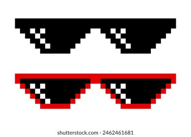 Pixelated Sunglasses Set. Pixel Boss Glasses, 8 bit Style. Meme Game 8-bit Sunglasses Design Template, Isolated