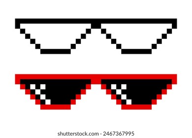 Pixelated Sunglasses Set. Pixel Boss Glasses, 8 bit Style. Meme Game 8-bit Sunglasses Design Template, Isolated