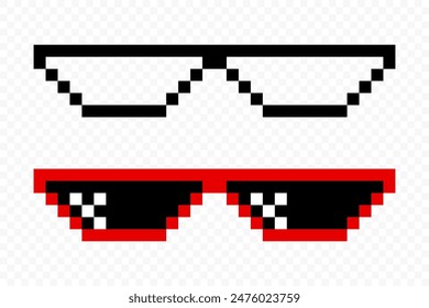 Pixelated Sunglasses Set. Pixel Boss Glasses, 8 bit Style. Meme Game 8-bit Sunglasses Design Template, Isolated