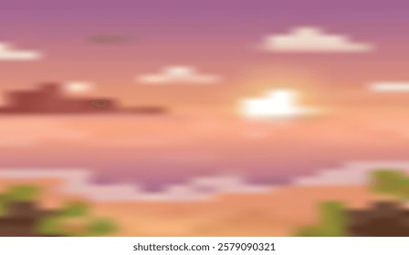 Pixelated Sunset Over a Blocky Landscape, Showcasing Retro Gaming Aesthetic with Warm Hues and Blurry Textures