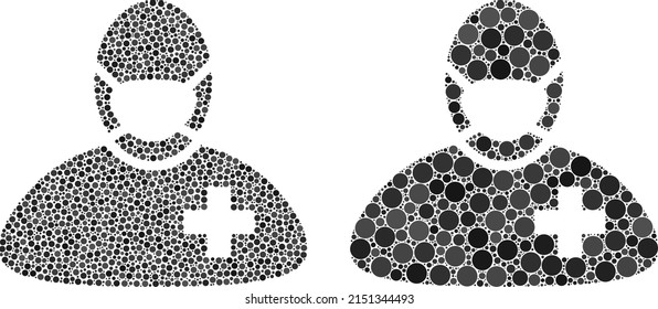 Pixelated surgeon doctor icon. Collage surgeon doctor icon composed of spheric items in different sizes and color hues. Vector circle dots are composed into collage surgeon doctor icon.