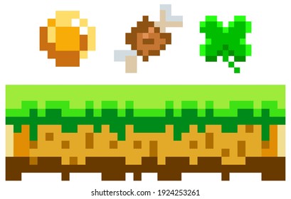 Pixelated symbols of items collected during game against background of ground and grass platform. Pixel-game interface layout design with golden coin, leaf, meat bone. Pixel 8 bit retro video game