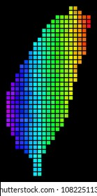 Pixelated Taiwan Island Map. Vector territory map in impressive rainbow color hues on a black background. Abstract Taiwan Island Map mosaic is done of luminous square dots.