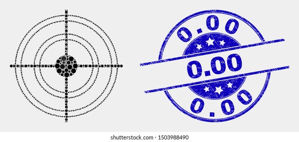 Pixelated target calendar page mosaic pictogram and 0.00 seal. Blue vector rounded grunge stamp with 0.00 caption. Vector composition in flat style.